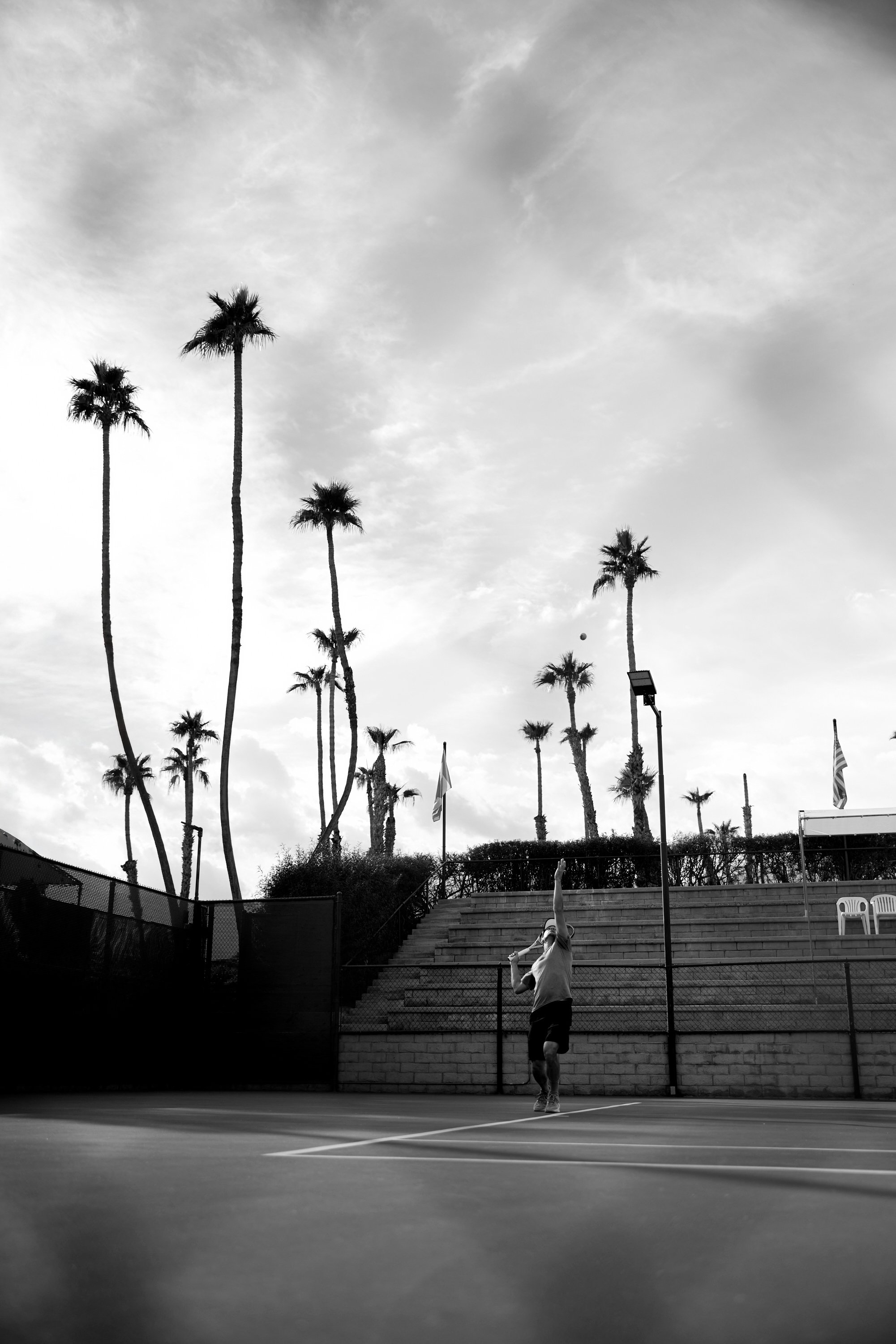 Player serving on a CC Tennis Club court under the Coachella Valley's tall palms