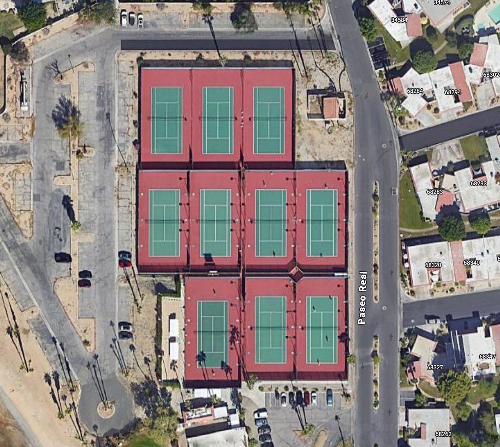 Aerial view of CC Tennis Club's ten courts along Paseo Real in Cathedral City